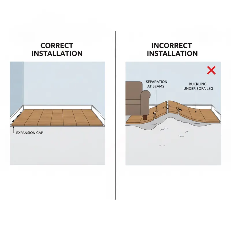 An illustrative diagram comparing two flooring installations. The left side, labeled 'Correct Installation', shows a perfectly level subfloor with flooring planks lying flat and a small expansion gap visible at the wall. The right side, labeled 'Incorrect Installation', shows an uneven, bumpy subfloor causing the flooring planks above to bend, separate at the seams, and buckle under the leg of a heavy sofa. The style is a clean, easy-to-understand technical illustration.