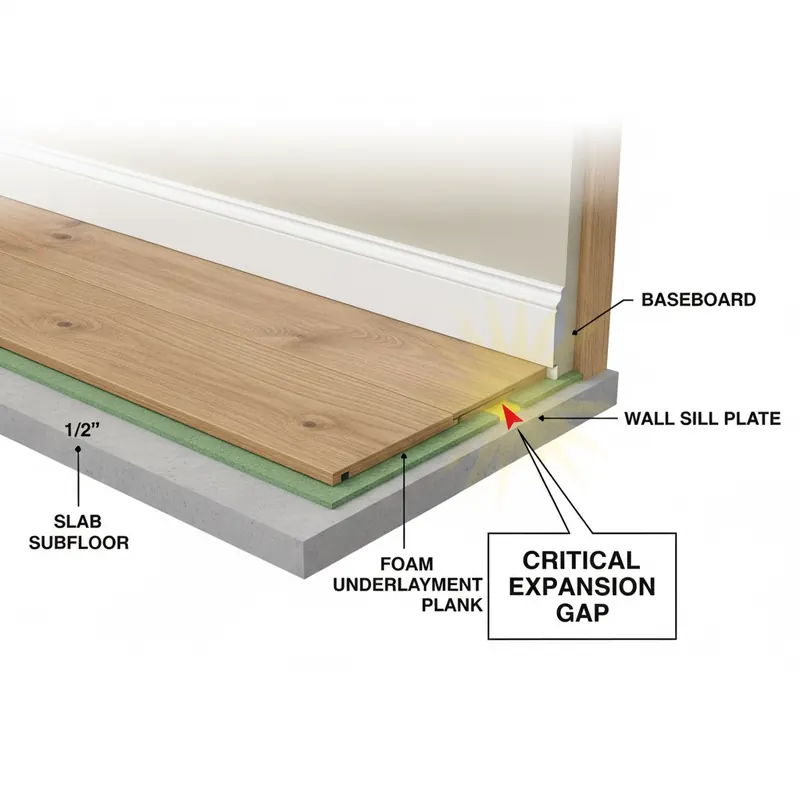 A technical cross-section diagram illustrating the critical expansion gap between a floating floor plank and a wall, which is hidden by a baseboard.
