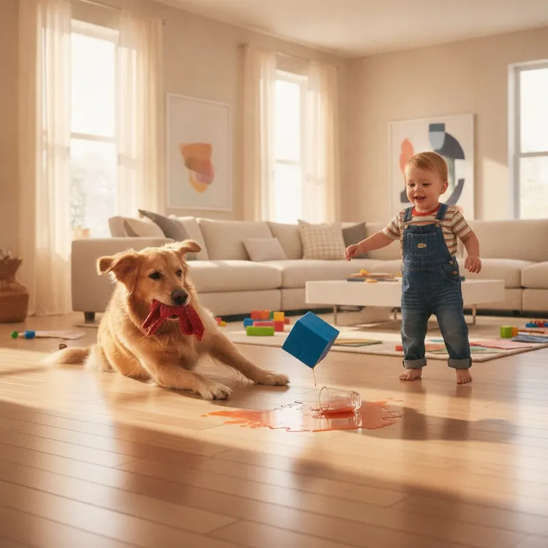 A golden retriever skids with a toy and a toddler drops a block on a durable, pristine living room floor, illustrating daily household stressors.