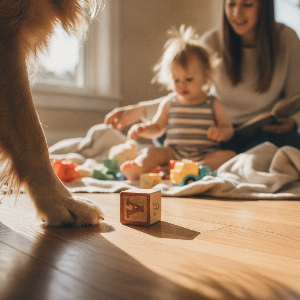 A dynamic, low-angle shot capturing the beautiful chaos of family life on a floor. In the foreground, a golden retriever's paw is playfully next to a toddler's dropped wooden block, creating a tiny, focused impact point on the floor. Soft, natural light streams in from a nearby window, highlighting the floor's texture and the potential for daily wear and tear.