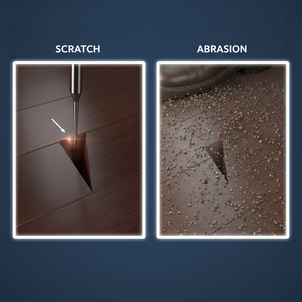 A split-panel illustration comparing a single, deep 'Scratch' to the widespread, dulling effect of 'Abrasion' caused by tiny grit particles.