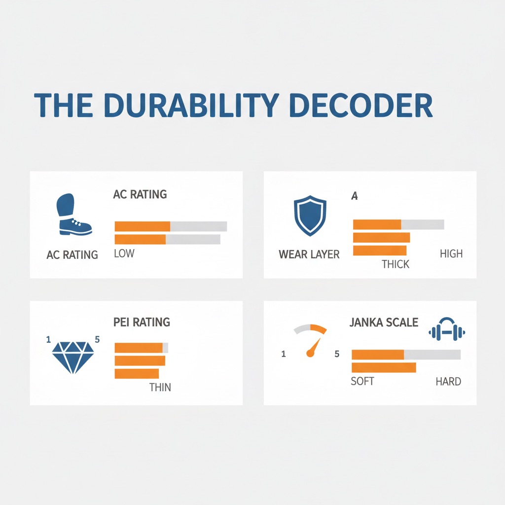Infographic titled 'The Durability Decoder' explaining flooring ratings with icons for AC Rating, Wear Layer, PEI Rating, and Janka Scale.
