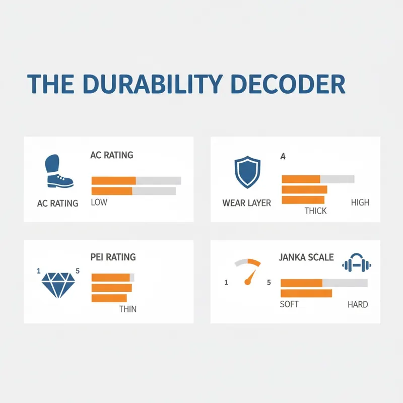 Infographic titled 'The Durability Decoder' explaining flooring ratings with icons for AC Rating, Wear Layer, PEI Rating, and Janka Scale.