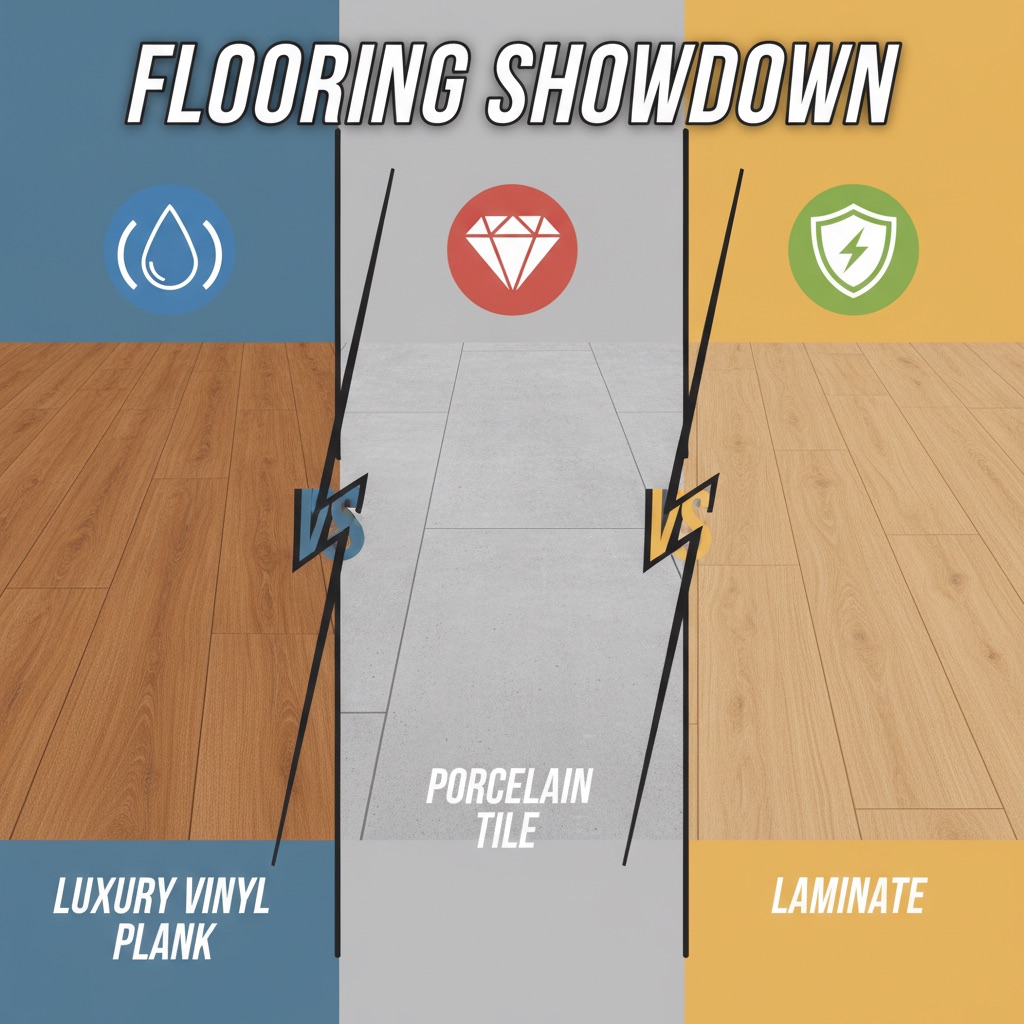 A graphic illustration showing a 'versus' style comparison of Luxury Vinyl Plank, Porcelain Tile, and Laminate flooring, each with an icon representing its key strength.