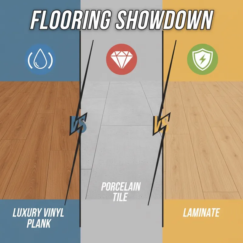 A graphic illustration showing a 'versus' style comparison of Luxury Vinyl Plank, Porcelain Tile, and Laminate flooring, each with an icon representing its key strength.