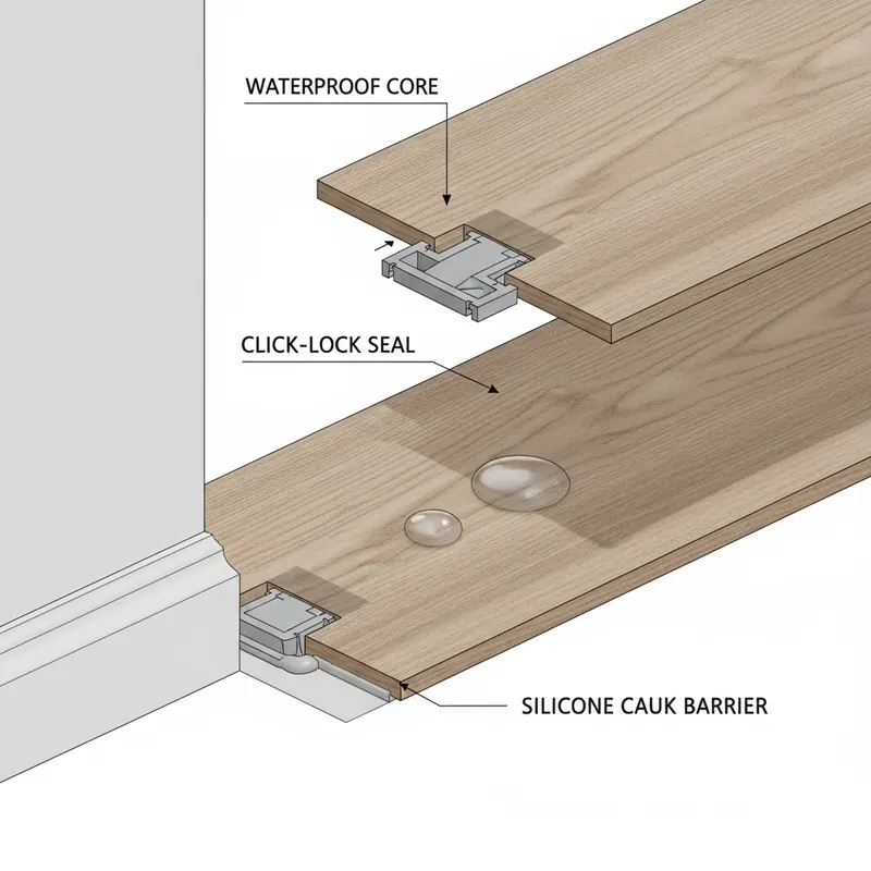 An isometric cutaway illustration of three interlocking floor planks demonstrating spill-proofing, highlighting the waterproof core, tight click-lock mechanism, and silicone caulk sealing the perimeter expansion gap. A water droplet beads on the surface.