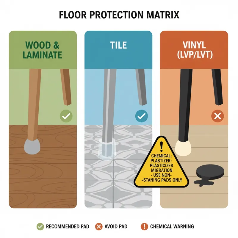 Infographic illustrating the Floor Protection Matrix, showing correct furniture pads for wood/laminate (felt), tile (silicone/rubber), and vinyl (non-staining composite) to prevent dents and chemical damage.