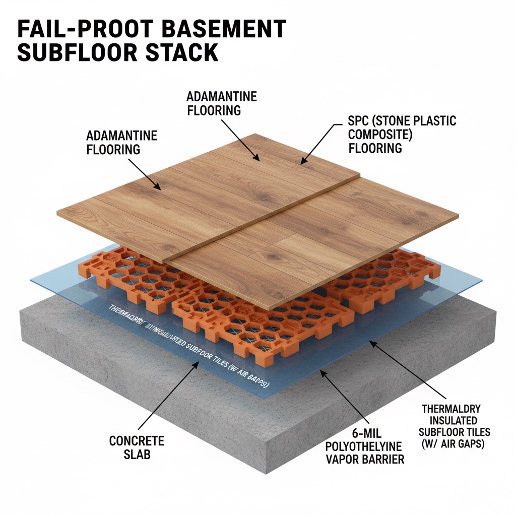 Layered diagram showing a fail-proof basement subfloor stack with concrete slab, vapor barrier/insulated tiles, and top flooring layer.