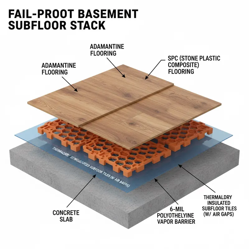 Layered diagram showing a fail-proof basement subfloor stack with concrete slab, vapor barrier/insulated tiles, and top flooring layer.
