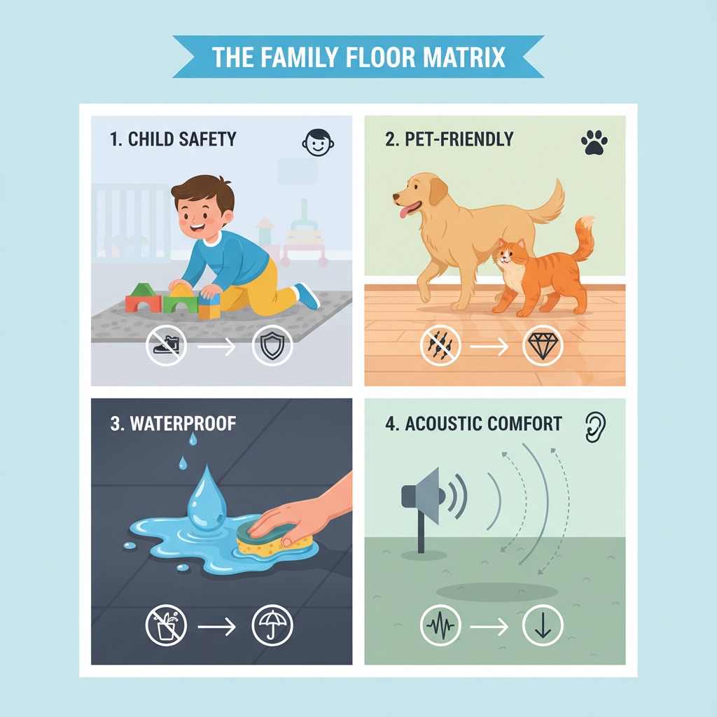 A multi-panel or quadrant infographic representing 'The Family Floor Matrix'. Each panel illustrates a key aspect: 1) A child playing safely on a non-slip surface, 2) A pet (dog or cat) walking on a floor without leaving scratches, 3) A spilled liquid beading up on a waterproof surface, and 4) Sound waves being absorbed or muffled by the floor, showing acoustic comfort. Use clear icons and subtle background imagery for each.