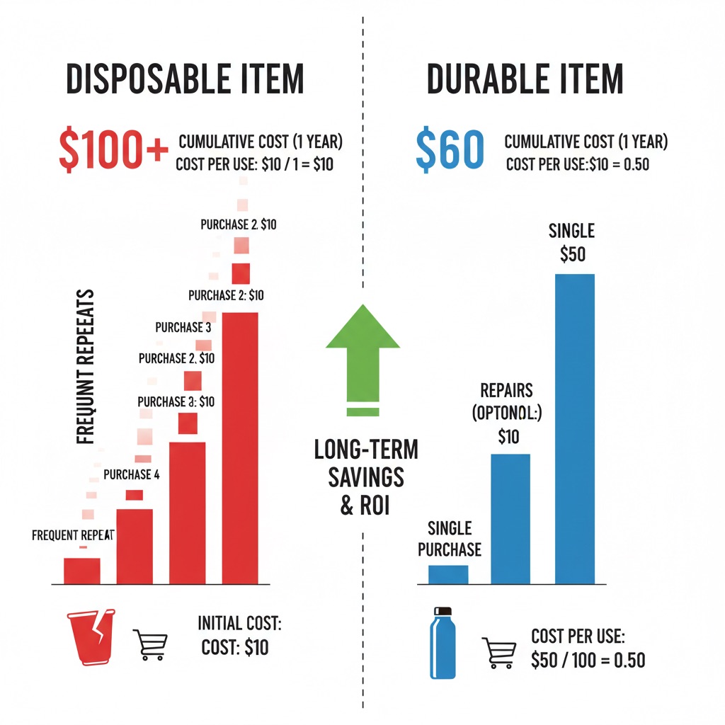 An infographic comparing the higher cumulative cost of disposable items with frequent purchases versus the lower cost per use and long-term savings of a single durable item.