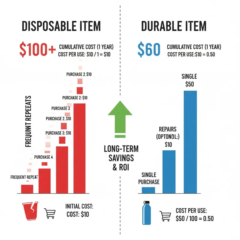 An infographic comparing the higher cumulative cost of disposable items with frequent purchases versus the lower cost per use and long-term savings of a single durable item.