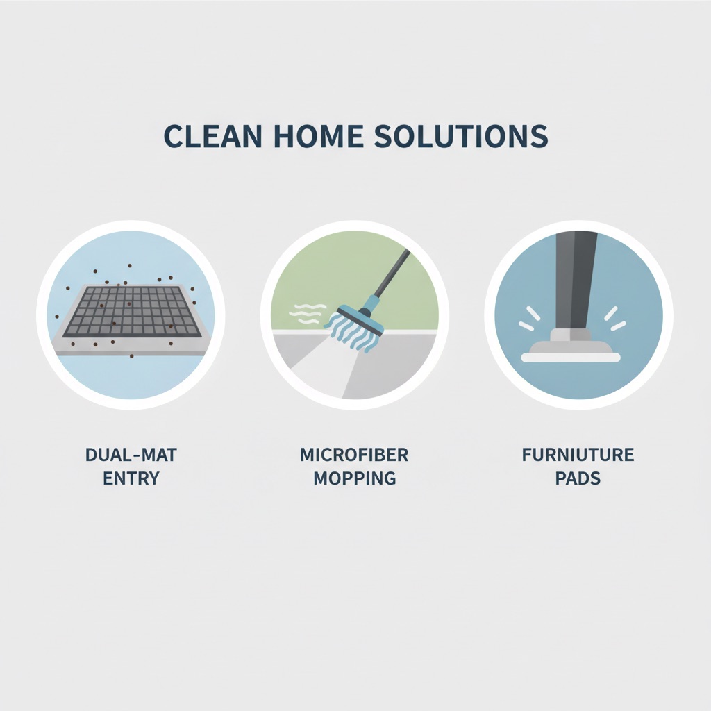 Infographic for the Floor Clarity Preservation Plan showing three key steps: an entryway mat system, a microfiber mop, and a protective felt pad on a chair leg.