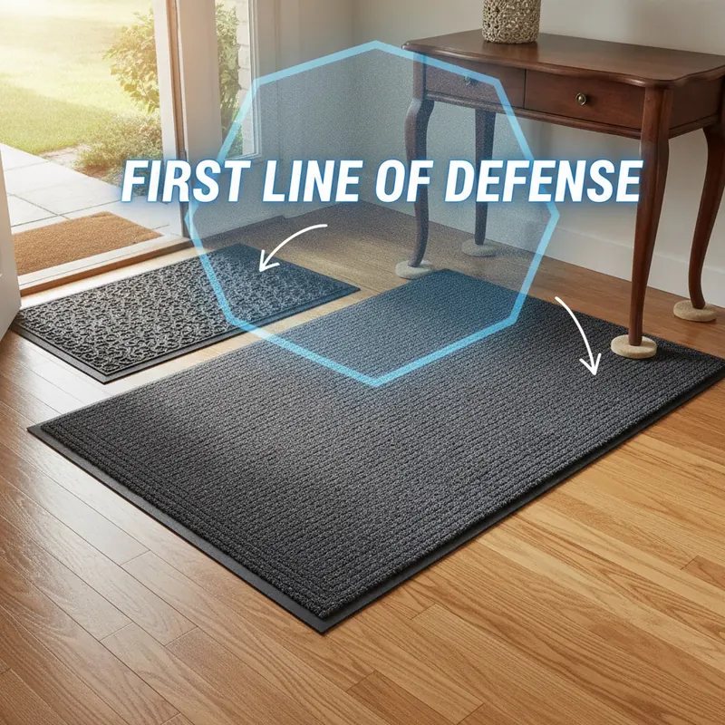 An inviting home entryway protected by the 'Floor Guardian' system, showing an outdoor scraper mat, an indoor absorbent mat, and felt pads under furniture legs.