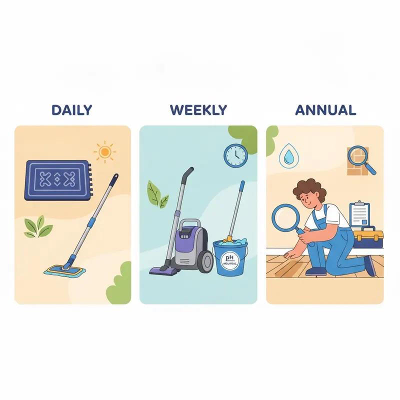A visual schedule for floor preservation. Daily tasks show a doormat and dust mop. Weekly tasks show a vacuum and pH-neutral cleaner. Annual tasks show a detailed inspection.