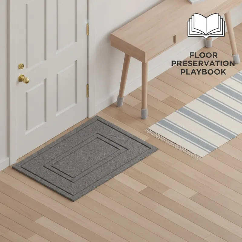 An isometric illustration showing floor protection tools: a doormat, felt pads on furniture legs, and a runner rug in an entryway.