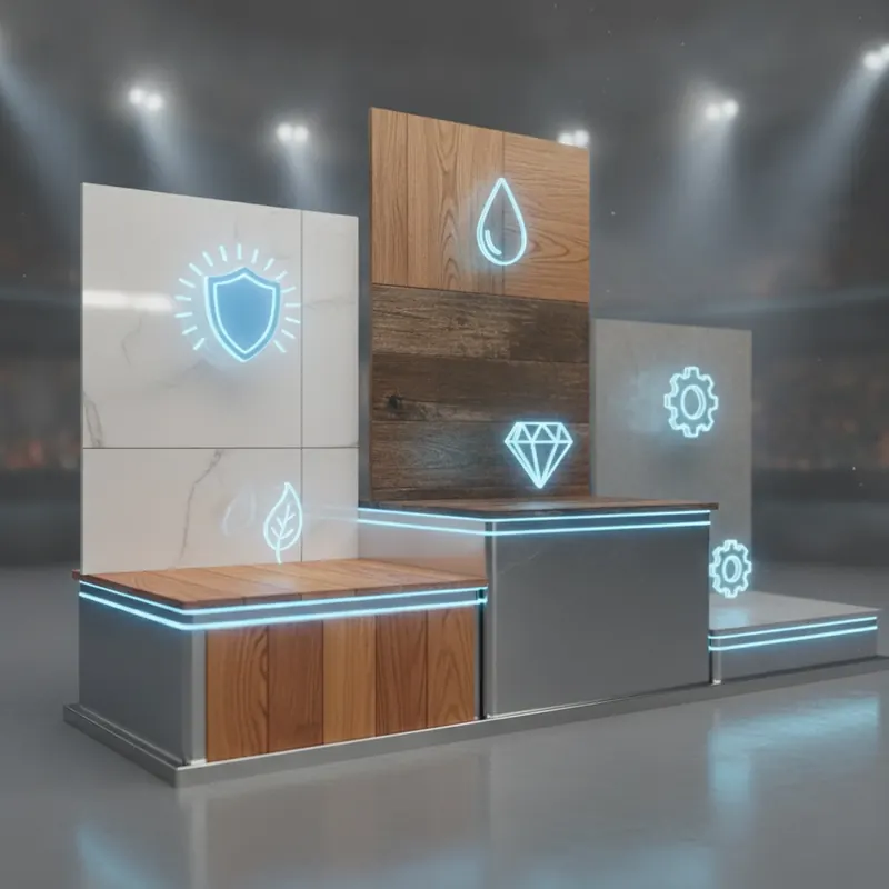 A dynamic 3D render of five different flooring materials—gleaming porcelain tile, realistic wood-look LVP, tough laminate, classic hardwood, and sleek polished concrete—arranged side-by-side as champions on a winners' podium. Each material has a glowing icon floating above it representing its primary strength: a shield for tile, a water droplet for LVP, a diamond for laminate. The composition is a dramatic, low-angle shot emphasizing the unique texture and quality of each contender.