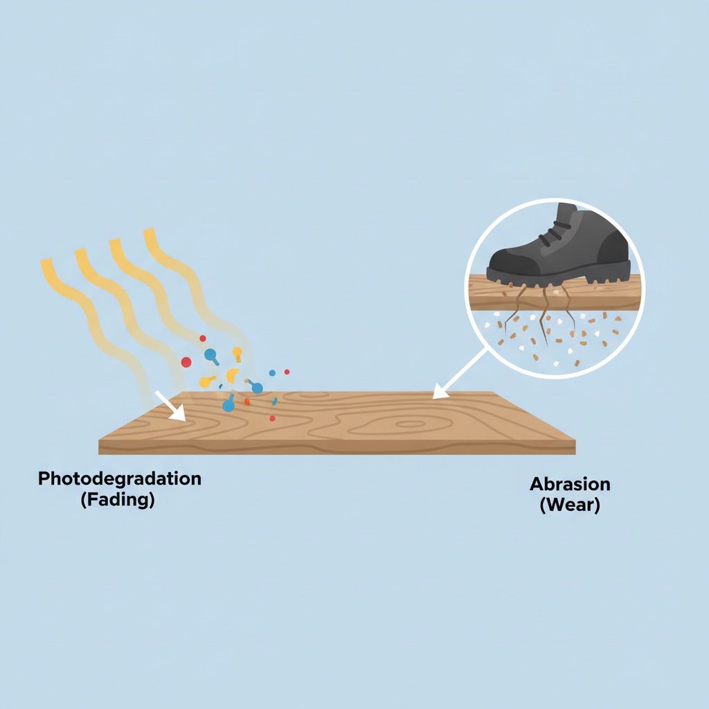 Infographic showing a flooring plank being damaged by UV sun rays (photodegradation) and abrasion from sand particles on a shoe sole (wear).