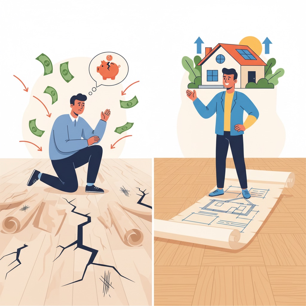 A conceptual illustration showing a homeowner's journey. On one side, a person looks frustrated at a floor with peeling laminate, cracks, and scratches, surrounded by money flying away. On the other side, the same person stands confidently on a solid, modern, and pristine floor, with a blueprint scroll unfurling beneath them, leading to a stable, well-constructed home.