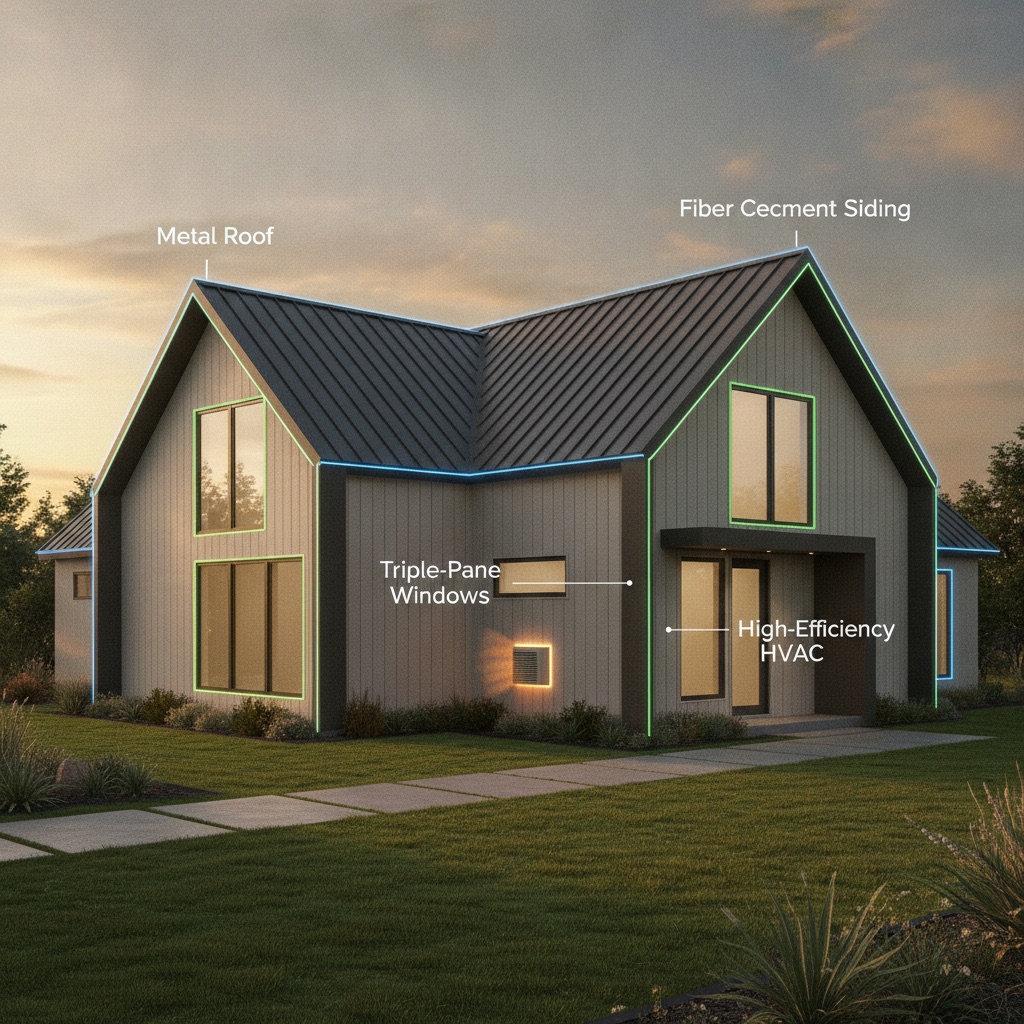 A resilient modern home with its high-performance features labeled, including a metal roof, fiber cement siding, triple-pane windows, and high-efficiency HVAC, conveying durability and value.