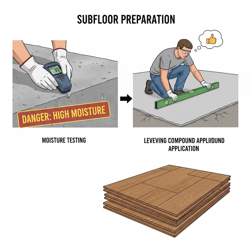 A clear, informative illustration showing a construction worker or flooring professional performing critical subfloor preparation. One side of the image shows a moisture meter being used on a concrete slab or wood subfloor, with a 'DANGER: HIGH MOISTURE' warning overlay. The other side shows a worker carefully applying self-leveling compound to an uneven subfloor, with a spirit level indicating a perfectly flat surface. The new flooring planks are waiting nearby, ready for installation. Style: realistic yet illustrative, focused on the process, clear and concise.