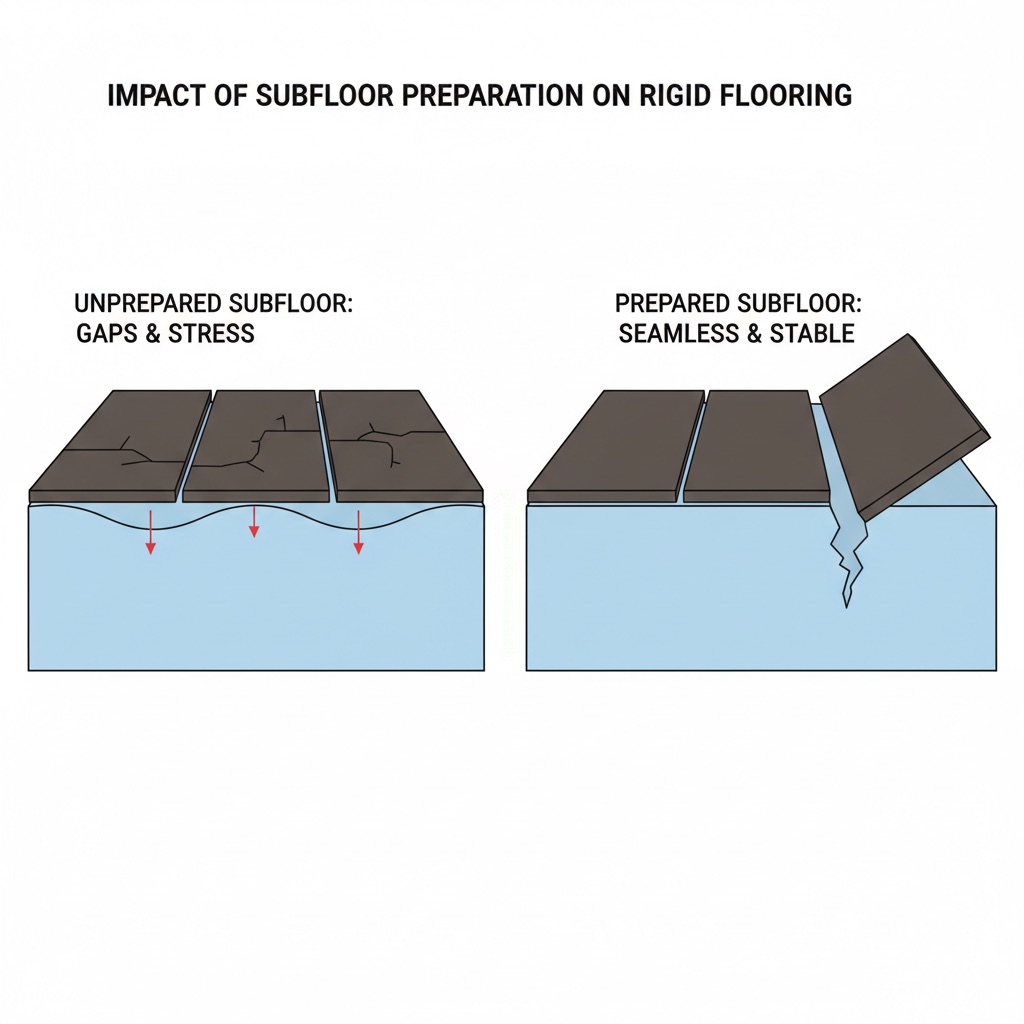A side-by-side comparison illustrating the impact of subfloor preparation: an uneven subfloor causing buckling planks on the left, versus a perfectly level subfloor with seamless, stable planks on the right.