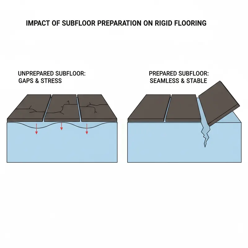 A side-by-side comparison illustrating the impact of subfloor preparation: an uneven subfloor causing buckling planks on the left, versus a perfectly level subfloor with seamless, stable planks on the right.
