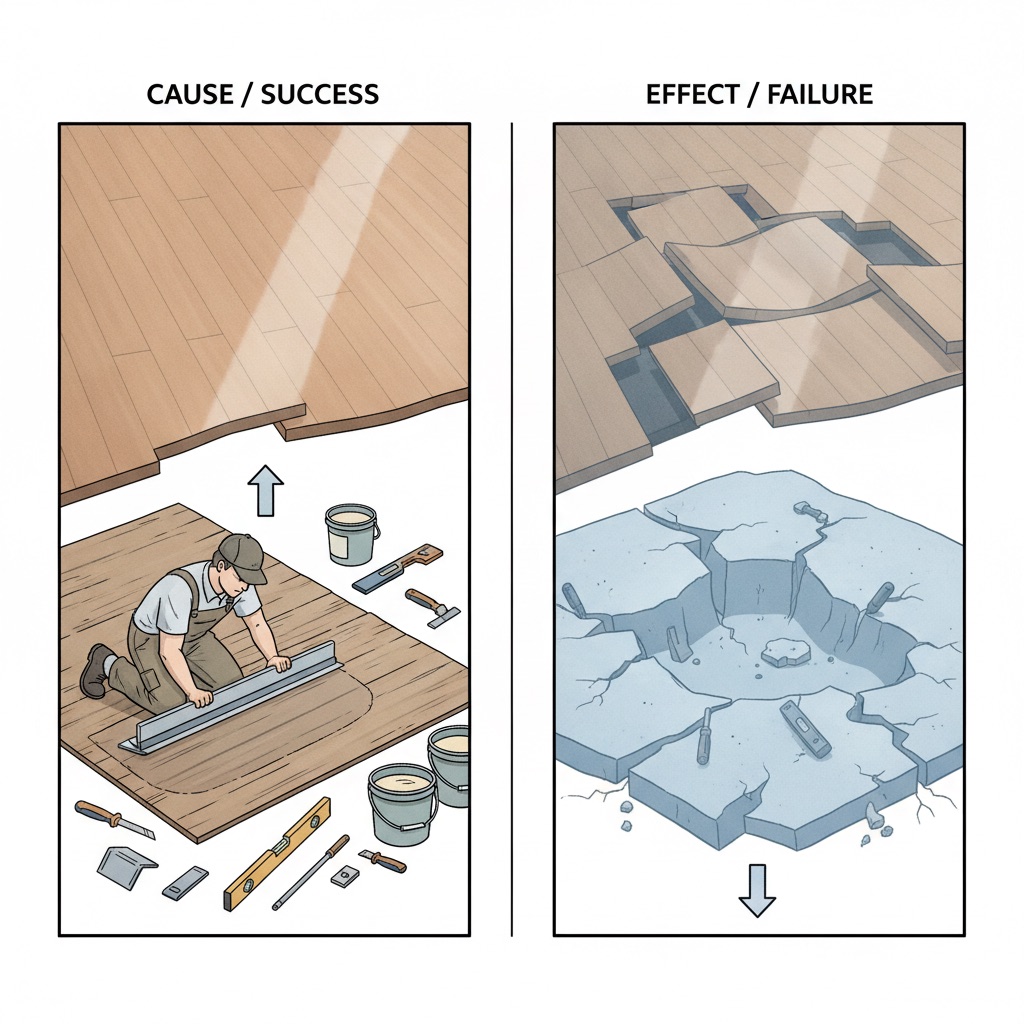 A split-panel, conceptual illustration showing cause and effect. The left side depicts a flooring installer meticulously leveling a subfloor with tools, resulting in a perfectly flat, beautiful floor above. The right side shows an identical floor but with buckling seams and gaps, with a ghostly overlay revealing the uneven, cracked subfloor beneath it, symbolizing failure due to poor preparation. The style is a clear, educational illustration with contrasting 'success' and 'failure' sides.