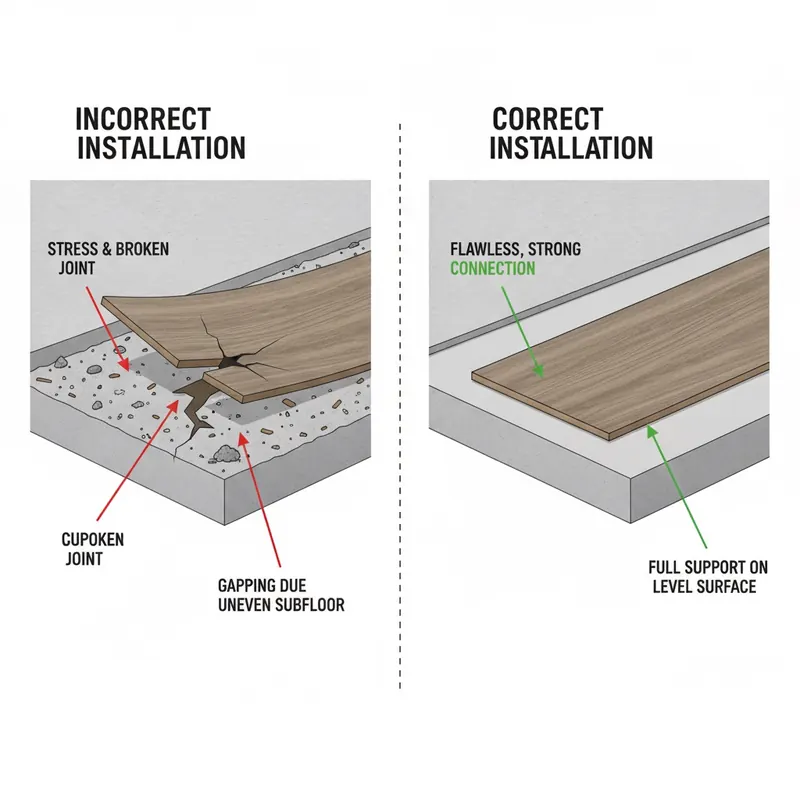 A diagram comparing correct vs. incorrect subfloor preparation. The incorrect side shows a plank failing on a bumpy subfloor, while the correct side shows a plank perfectly installed on a flat, clean subfloor.