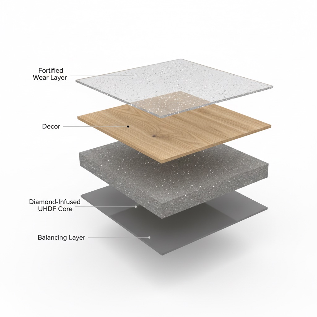 Exploded 3D view of an Adamantine flooring plank showing its four labeled layers: Fortified Wear Layer, Decor Layer, Diamond-Infused UHDF Core, and Balancing Layer.