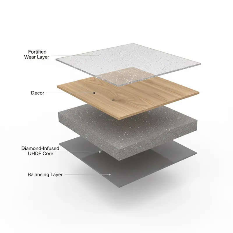 Exploded 3D view of an Adamantine flooring plank showing its four labeled layers: Fortified Wear Layer, Decor Layer, Diamond-Infused UHDF Core, and Balancing Layer.