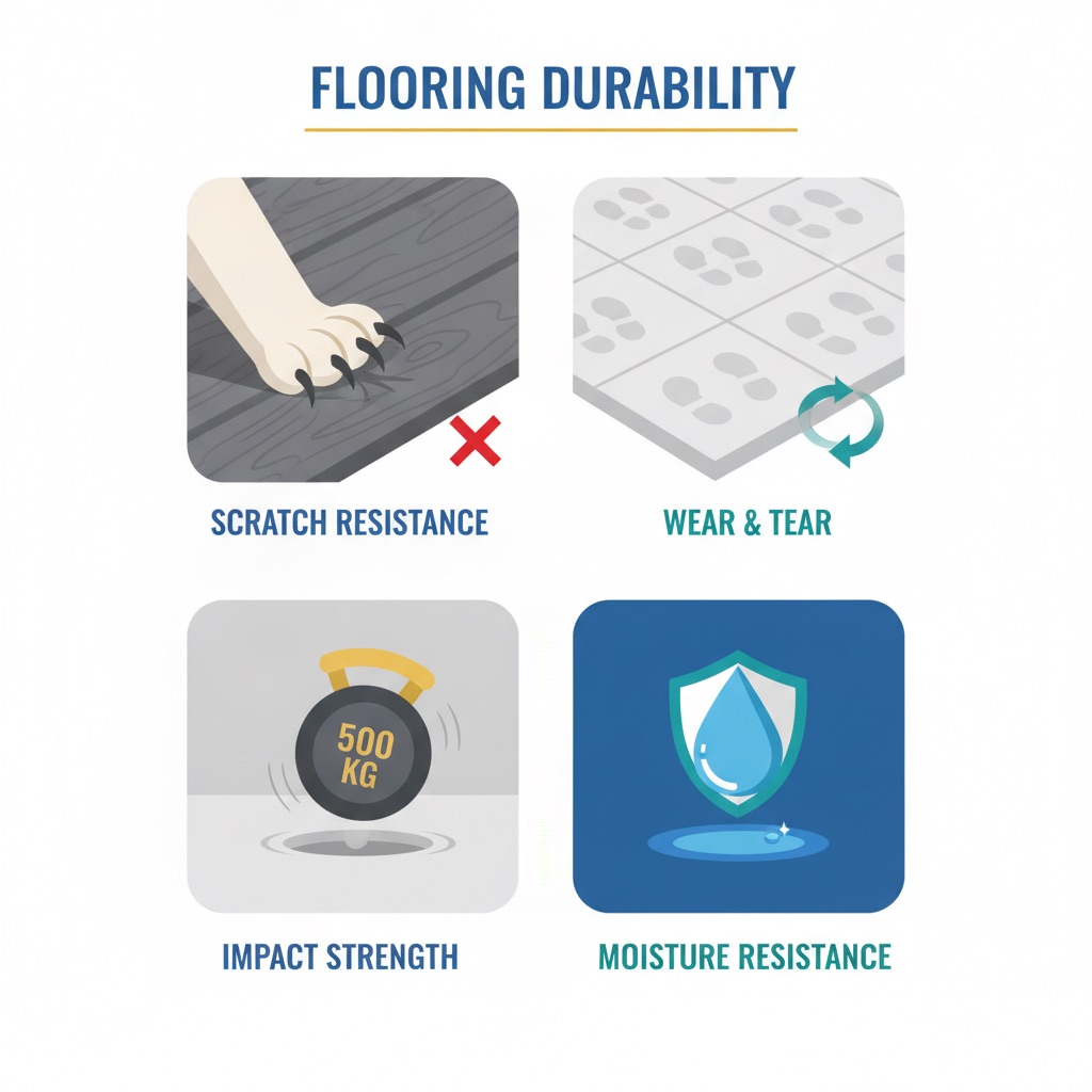 Infographic showing the four pillars of flooring durability: Scratch Resistance, Wear & Tear, Impact Strength, and Moisture Resistance.