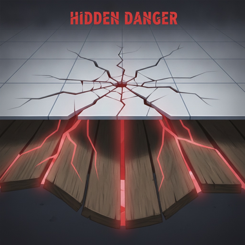 A dramatic, split-level illustration. The top half shows a beautiful, pristine tile floor suddenly developing a long, spiderweb crack. The bottom half is an 'x-ray' view revealing the cause: a warped, uneven wooden subfloor with excessive deflection, showing stress lines transferring up to the tile. The style is semi-realistic with exaggerated, glowing red lines indicating the stress and failure points, emphasizing the hidden danger of a poor foundation.