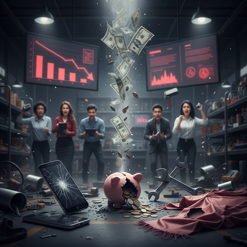 A compelling, illustrative scene depicting the 'Cost of Poor Quality (COPQ)'. Broken consumer products (e.g., a shattered smartphone, a snapped tool, a torn garment) are scattered across a chaotic factory floor or a returns processing center. Frustrated customers are visible in the background, alongside digital screens displaying negative financial graphs (red arrows pointing downwards) and legal documents. A subtle visual metaphor of money draining away or a broken piggy bank reinforces the financial loss. Style: dramatic, slightly desaturated with pops of red, conveying a sense of urgency and loss.