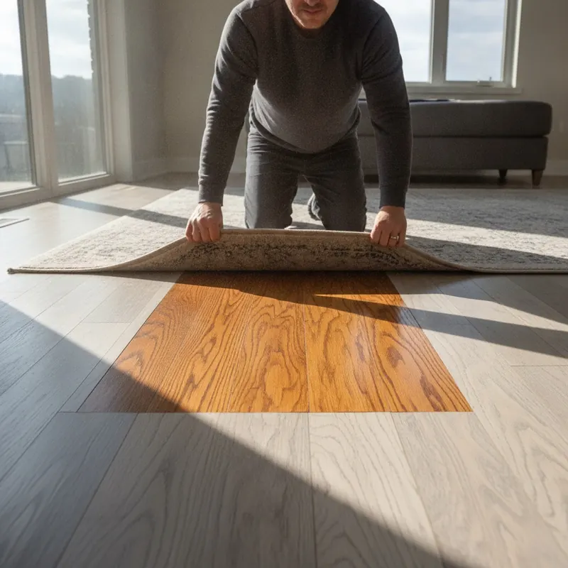 A person lifts a rug in a sunny room, revealing a stark contrast between the faded hardwood floor and the perfectly preserved, unfaded area underneath the rug.