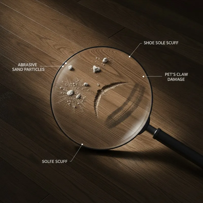 A stylized image showing a magnifying glass over a floor, revealing microscopic damage from sand, pet claws, and shoe scuffs.