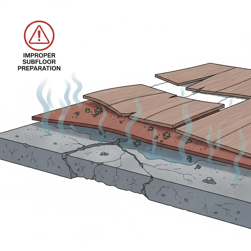 A cutaway illustration showing an uneven subfloor with rising moisture causing vinyl planks to warp, cup, and separate, with hints of mold.