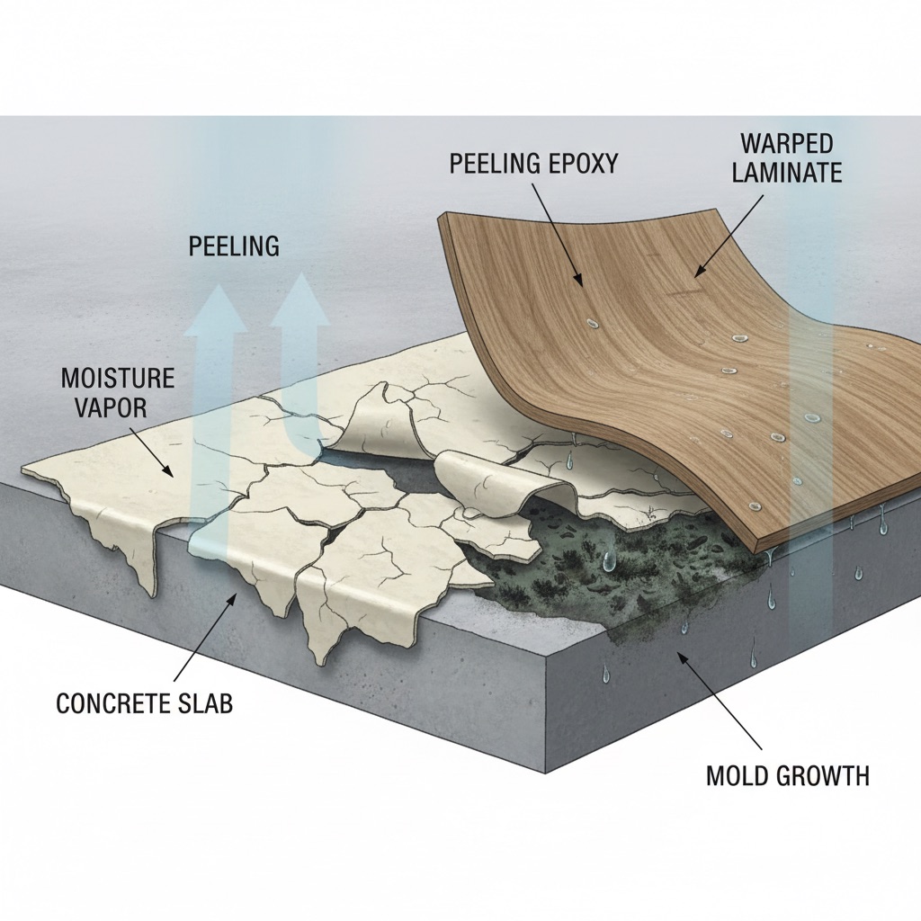 A cross-section illustration showing invisible moisture vapor rising through a concrete slab, condensing under a peeling epoxy floor, and causing mold under warped laminate.