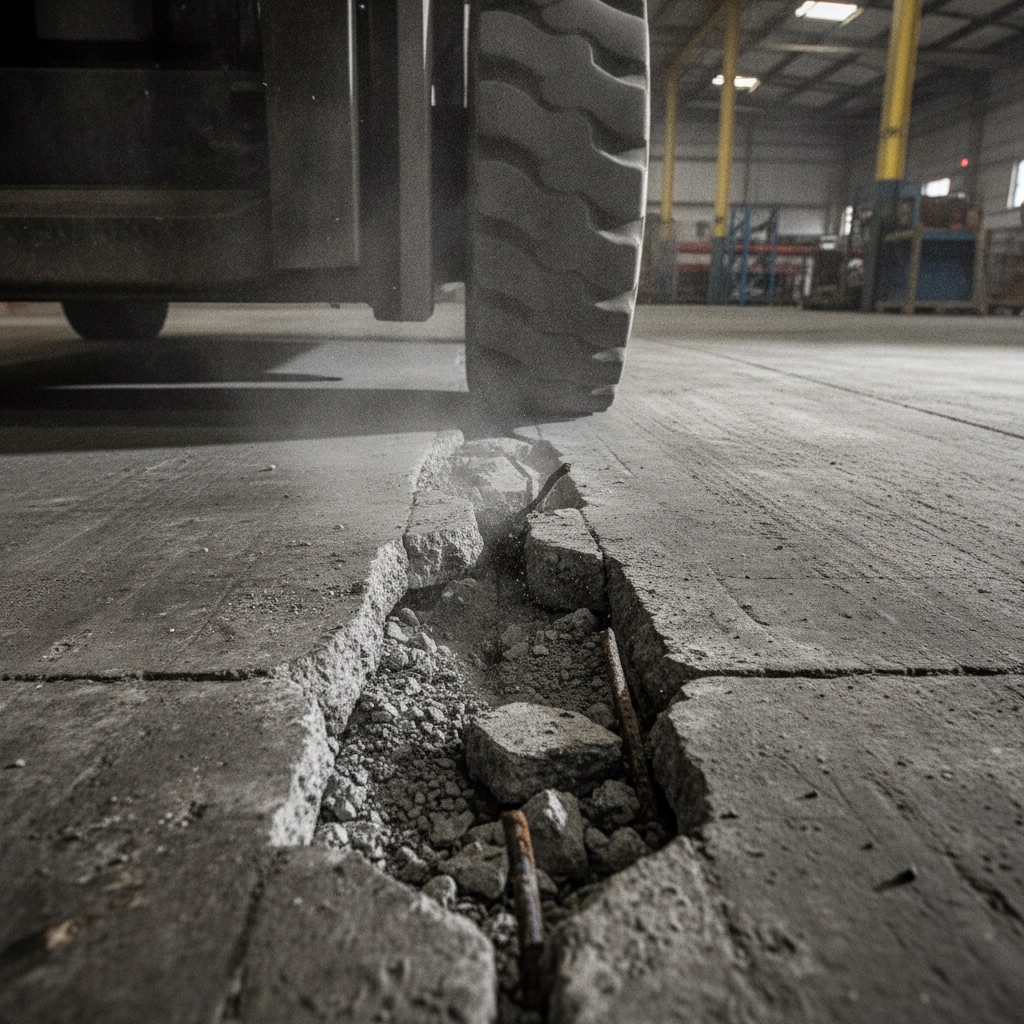 A dramatic, close-up, and gritty photorealistic image focusing on a forklift's wheel impacting a badly spalled and cracked expansion joint in an old concrete floor. The impact creates a small puff of concrete dust, emphasizing the force and damage. The perspective is low, making the floor damage the hero of the shot, symbolizing the direct cause of equipment wear and tear. The lighting is harsh industrial, creating deep shadows in the cracks.