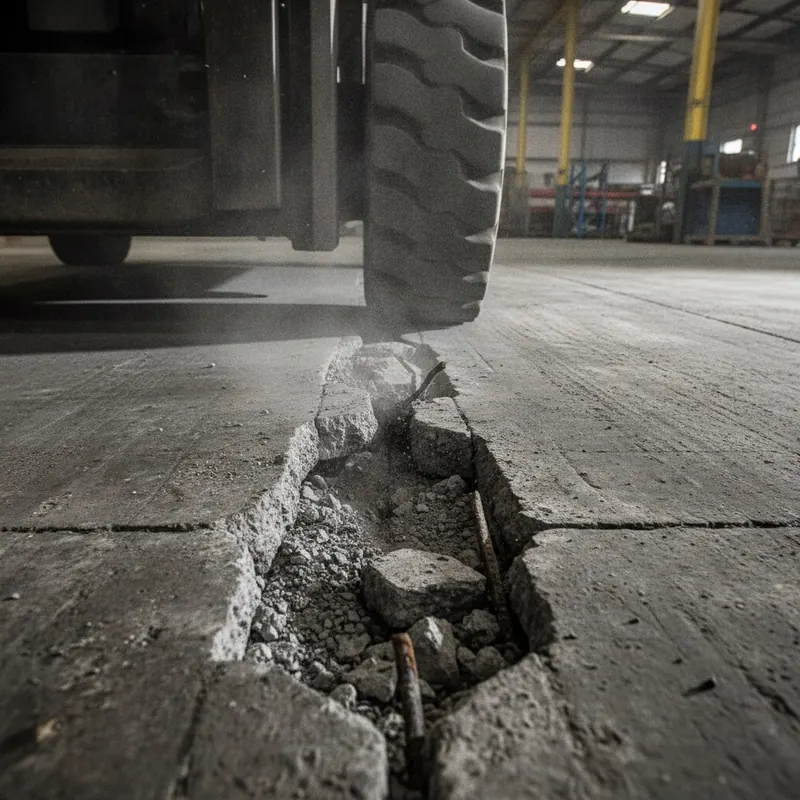 A dramatic, close-up, and gritty photorealistic image focusing on a forklift's wheel impacting a badly spalled and cracked expansion joint in an old concrete floor. The impact creates a small puff of concrete dust, emphasizing the force and damage. The perspective is low, making the floor damage the hero of the shot, symbolizing the direct cause of equipment wear and tear. The lighting is harsh industrial, creating deep shadows in the cracks.