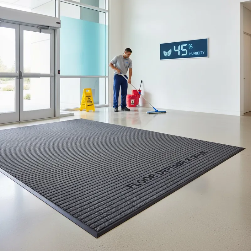 A modern, clean interior space (e.g., a commercial entrance or high-traffic hallway) showcasing a holistic 'Floor Defense System'. In the foreground, a high-quality, large barrier mat is strategically placed at an entrance. In the mid-ground, a professional is meticulously cleaning the floor with a microfiber mop, emphasizing proper maintenance. In the background, subtle elements like a digital thermostat displaying optimal humidity levels (e.g., 45%) or a window with UV-filtering film are visible, representing environmental controls.