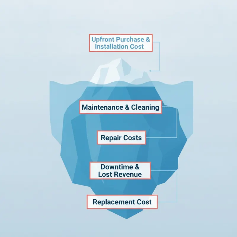 An infographic of an iceberg illustrating Total Cost of Ownership. The visible tip is 'Upfront Cost' while the larger submerged part shows hidden costs like maintenance, repairs, and downtime.