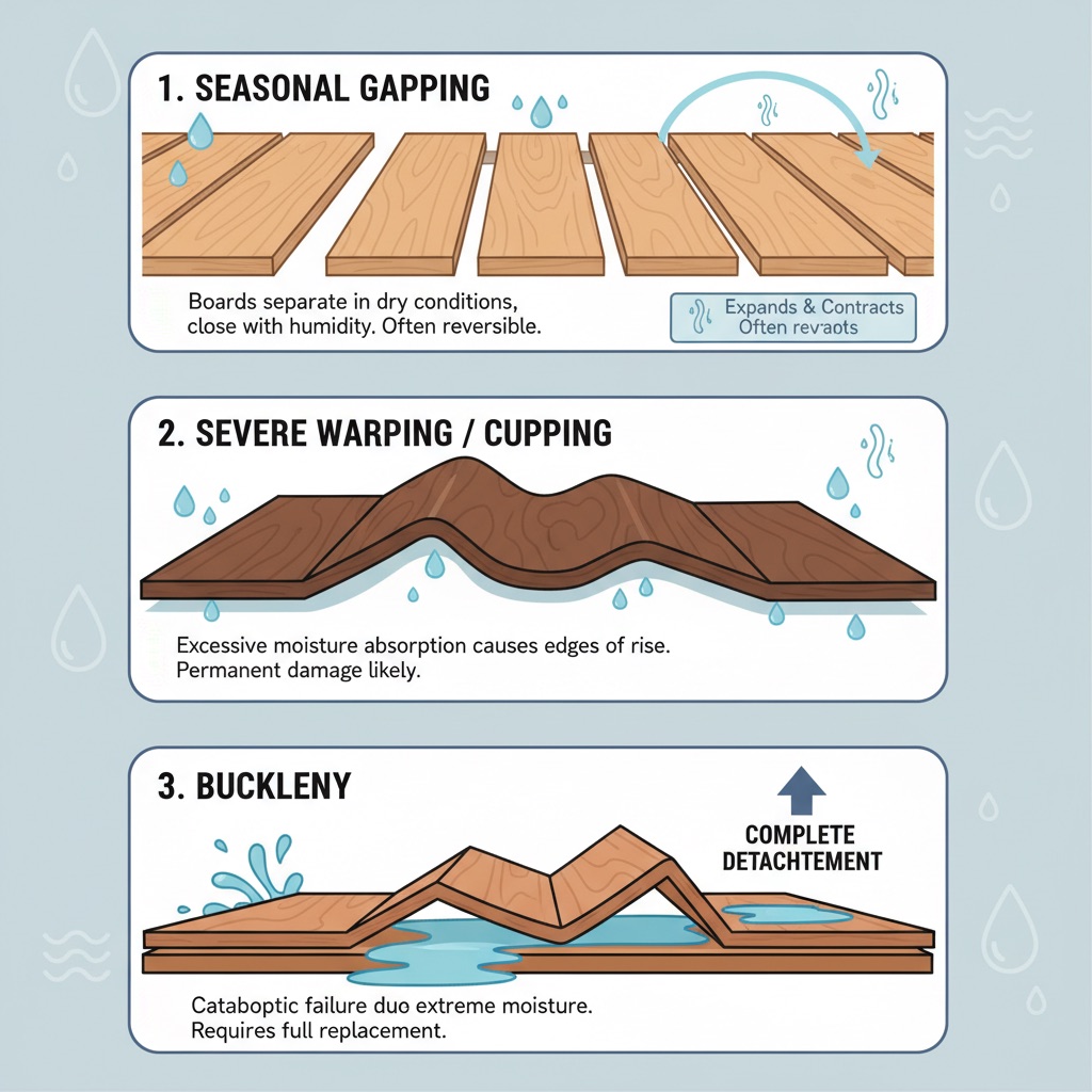 Infographic showing three types of flooring failure due to moisture: seasonal gapping, severe warping/cupping, and buckling, with explanatory labels.
