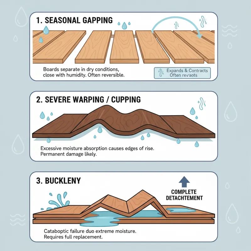 Infographic showing three types of flooring failure due to moisture: seasonal gapping, severe warping/cupping, and buckling, with explanatory labels.