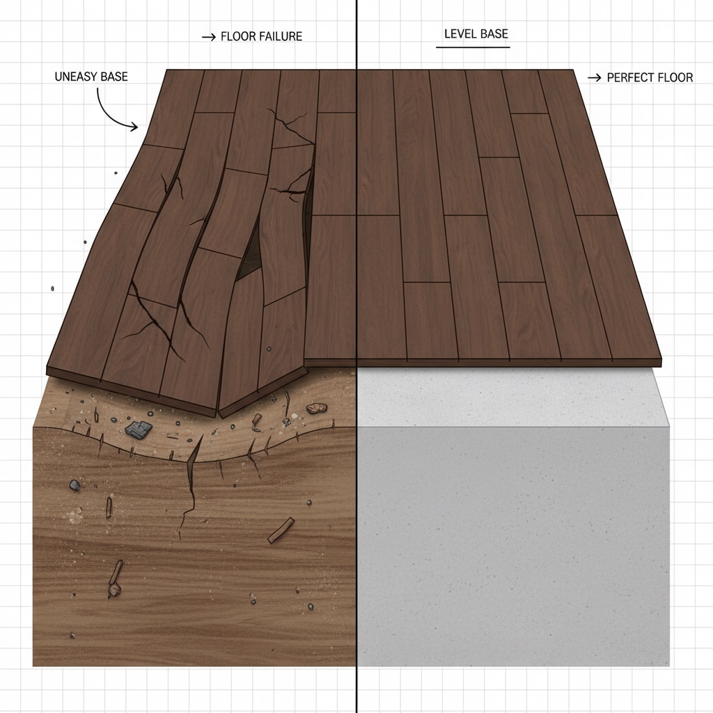 Cross-section illustration showing the negative impact of an uneven subfloor on rigid flooring (buckling, separation) versus the positive impact of a perfectly level subfloor.