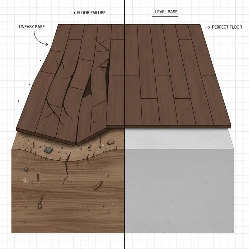 Cross-section illustration showing the negative impact of an uneven subfloor on rigid flooring (buckling, separation) versus the positive impact of a perfectly level subfloor.