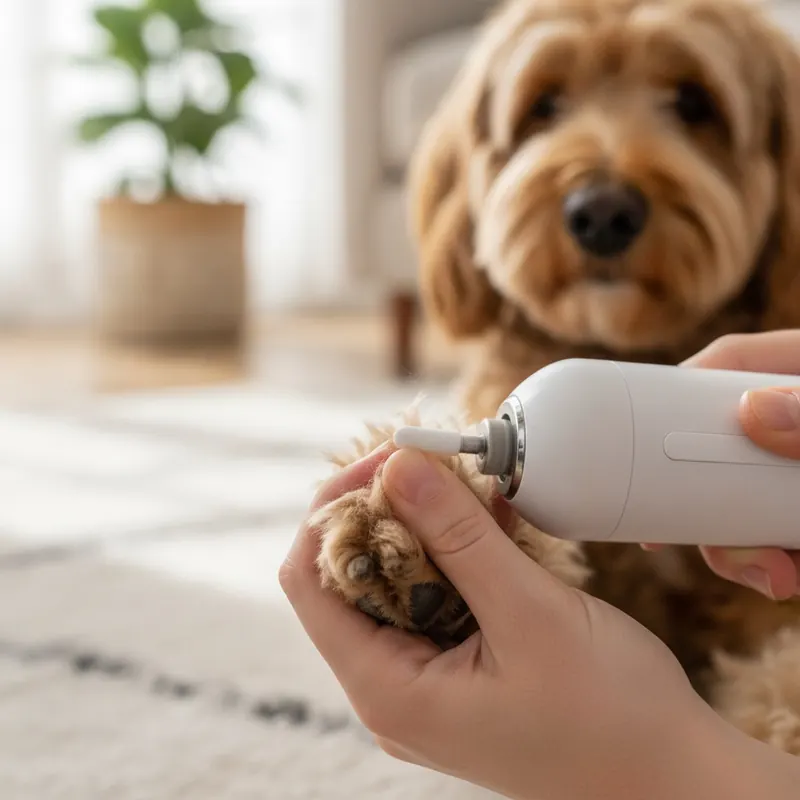 A close-up photo of a person using a nail grinder on a dog's paw, demonstrating proper pet nail care.