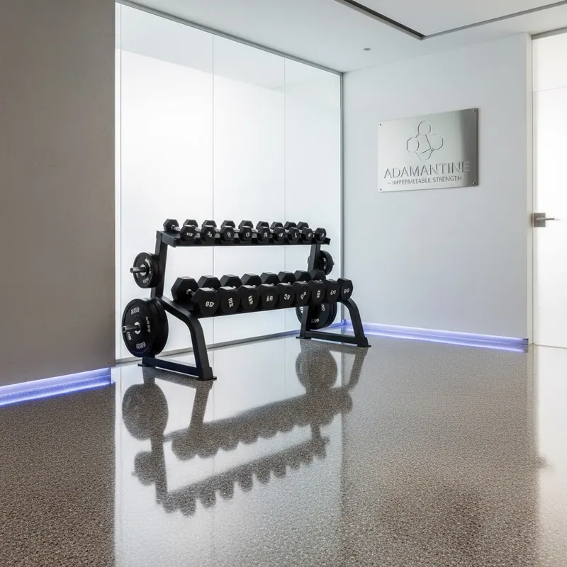 A modern basement with a high-gloss Adamantine floor, showcasing its seamless, durable finish under heavy gym equipment, with a subtle glow indicating its deep chemical bond and waterproof nature.