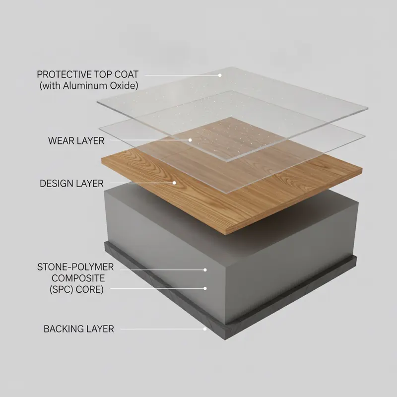 A detailed 3D cross-section diagram of a flooring plank, clearly showing and labeling the distinct layers: a shimmering Protective Top Coat with aluminum oxide particles, a thick transparent Wear Layer, a high-resolution wood grain Design Layer, a dense Stone-Polymer Composite (SPC) Core, and a textured Backing Layer.