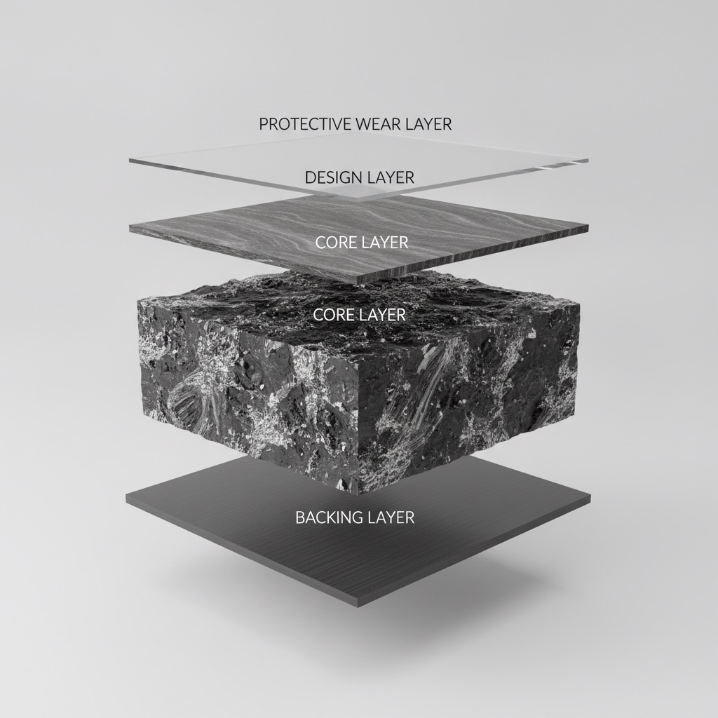 A clean, 3D infographic showing a cross-section of an Adamantine flooring plank, levitating against a minimalist light gray background. Each of the four layers (Protective Wear Layer, Design Layer, Core Layer, Backing Layer) is clearly separated and labeled with elegant text. The core layer should look especially dense and robust. Style: modern, technical illustration, 3D render, sharp focus, informative.